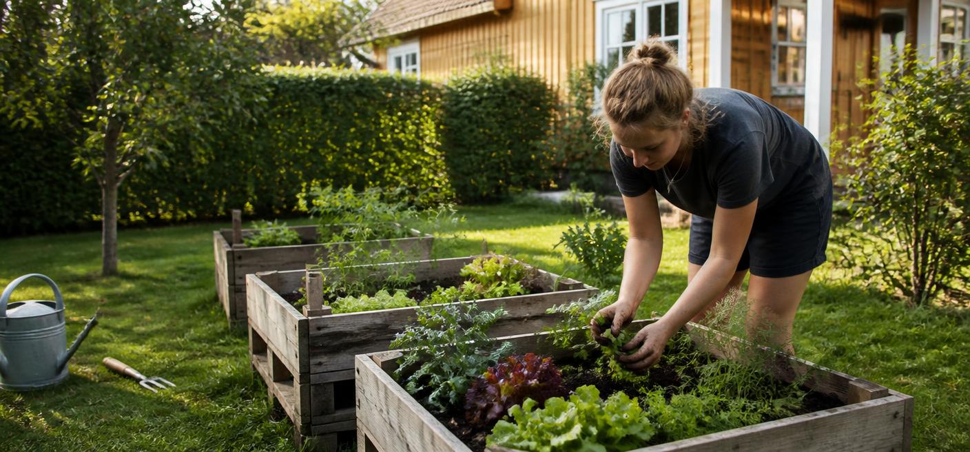 En kvinna rensar och skördar i pallkragar i en trädgård